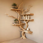 Solid Wood Live-Edge Branch Wall Shelf with Multiple Tiers for Bonsai and Books