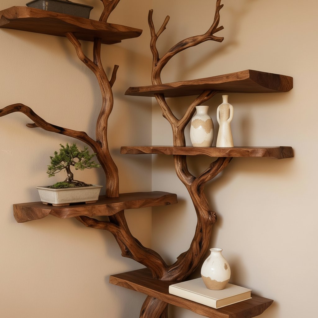 Solid Wood Live-Edge Branch Wall Shelf with Multiple Tiers for Bonsai and Books