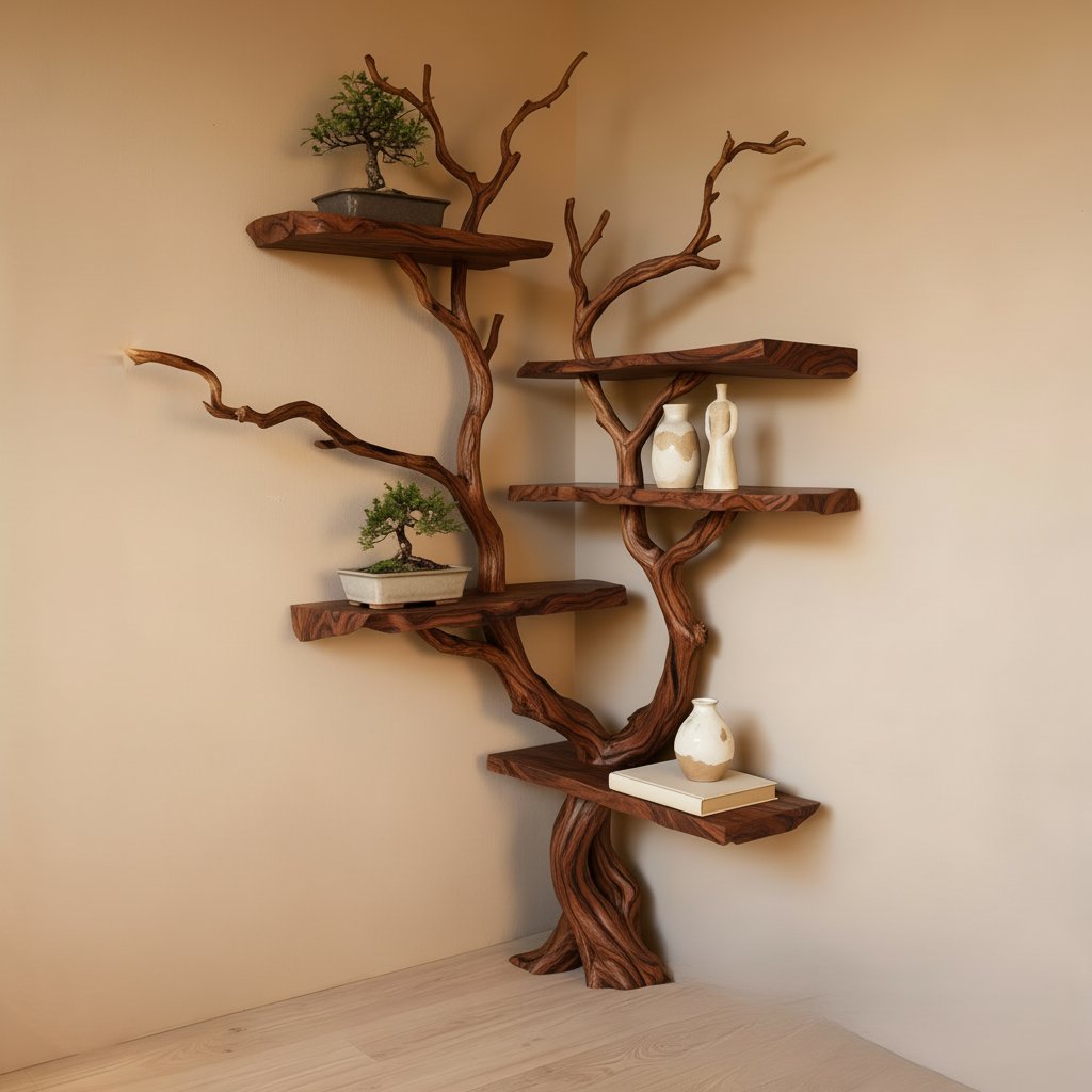 Solid Wood Live-Edge Branch Wall Shelf with Multiple Tiers for Bonsai and Books