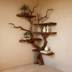 Solid Wood Live-Edge Branch Wall Shelf with Multiple Tiers for Bonsai and Books