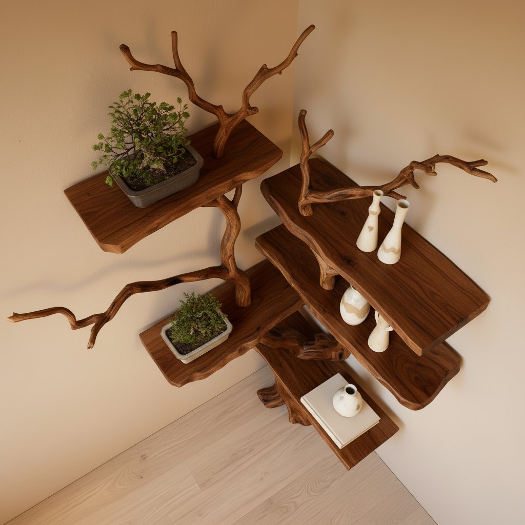 Solid Wood Live-Edge Branch Wall Shelf with Multiple Tiers for Bonsai and Books