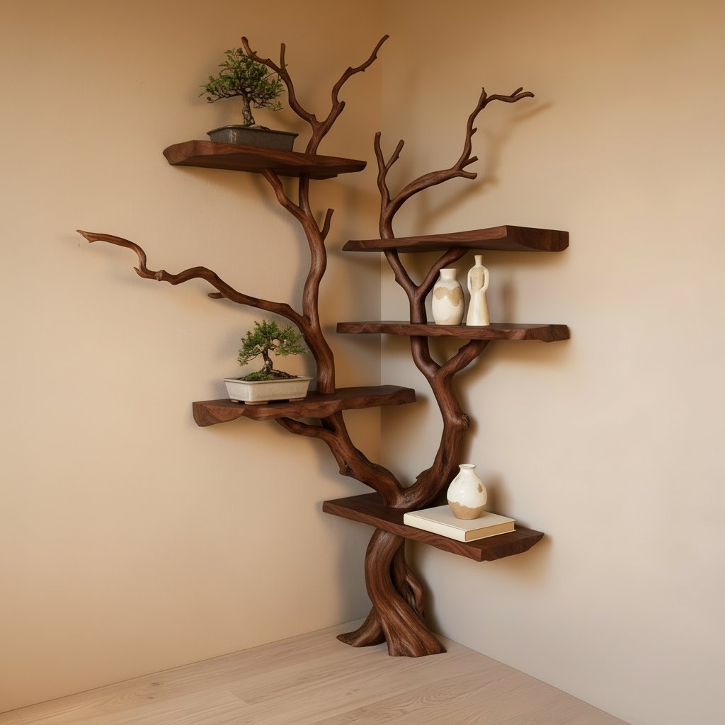 Solid Wood Live-Edge Branch Wall Shelf with Multiple Tiers for Bonsai and Books