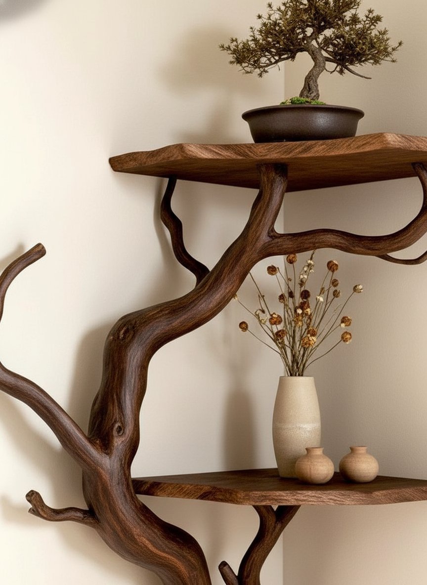 Solid Wood Driftwood Branch Wall Shelf with Live-Edge Slab for Entryway