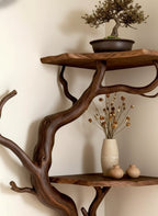 Solid Wood Driftwood Branch Wall Shelf with Live-Edge Slab for Entryway