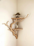 Solid Wood Driftwood Branch Wall Shelf with Live-Edge Slab for Entryway
