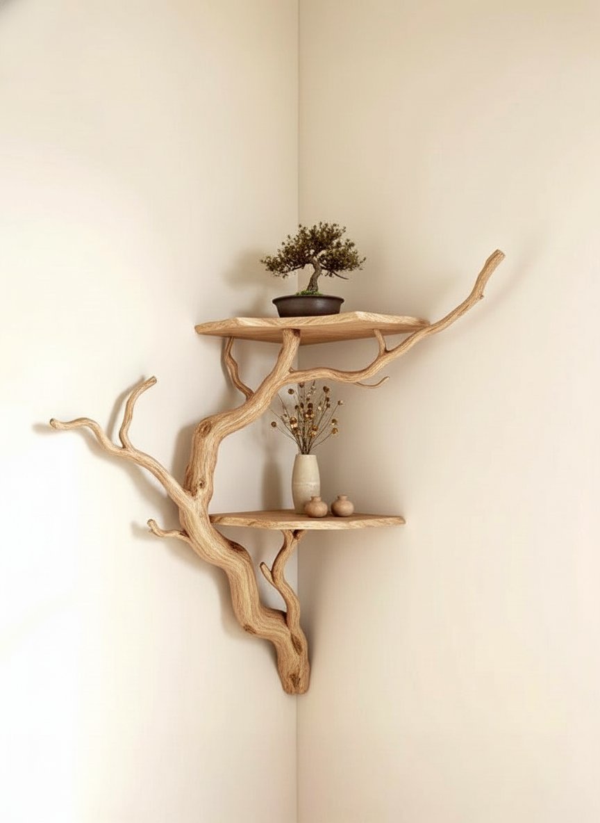 Solid Wood Driftwood Branch Wall Shelf with Live-Edge Slab for Entryway