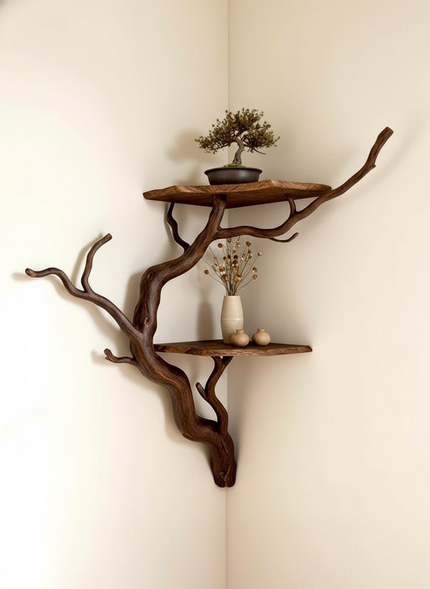 Solid Wood Driftwood Branch Wall Shelf with Live-Edge Slab for Entryway
