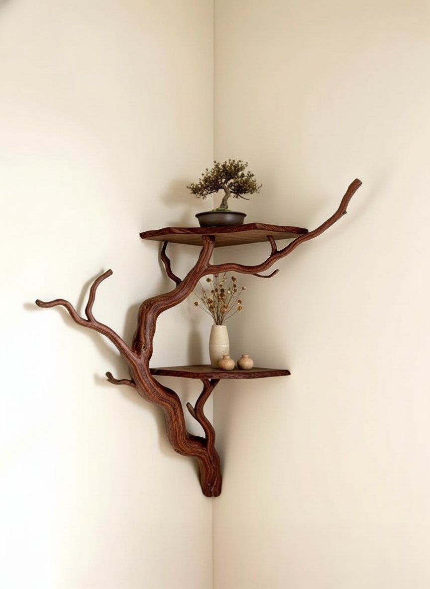 Solid Wood Driftwood Branch Wall Shelf with Live-Edge Slab for Entryway