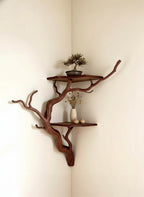 Solid Wood Driftwood Branch Wall Shelf with Live-Edge Slab for Entryway