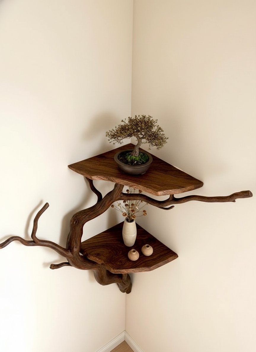 Solid Wood Driftwood Branch Wall Shelf with Live-Edge Slab for Entryway