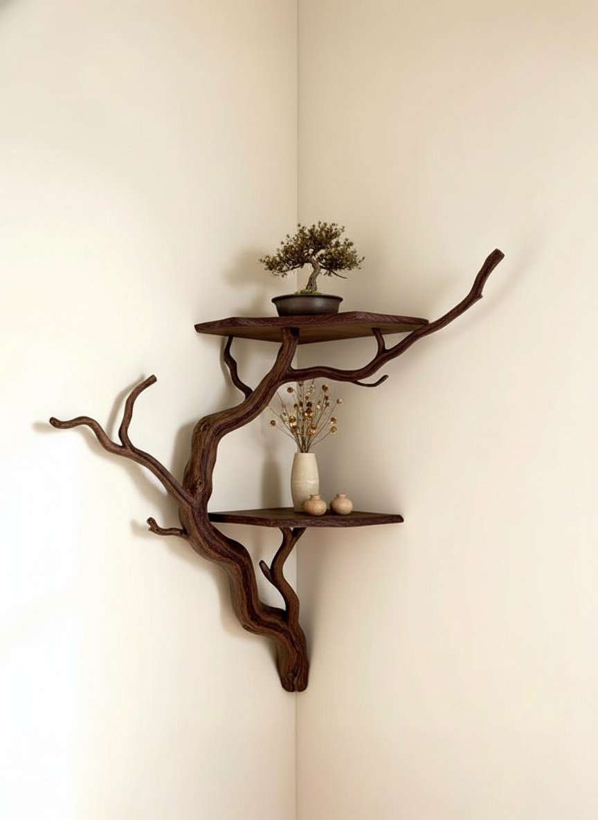Solid Wood Driftwood Branch Wall Shelf with Live-Edge Slab for Entryway