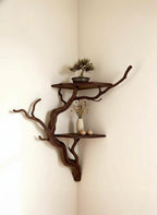 Solid Wood Driftwood Branch Wall Shelf with Live-Edge Slab for Entryway