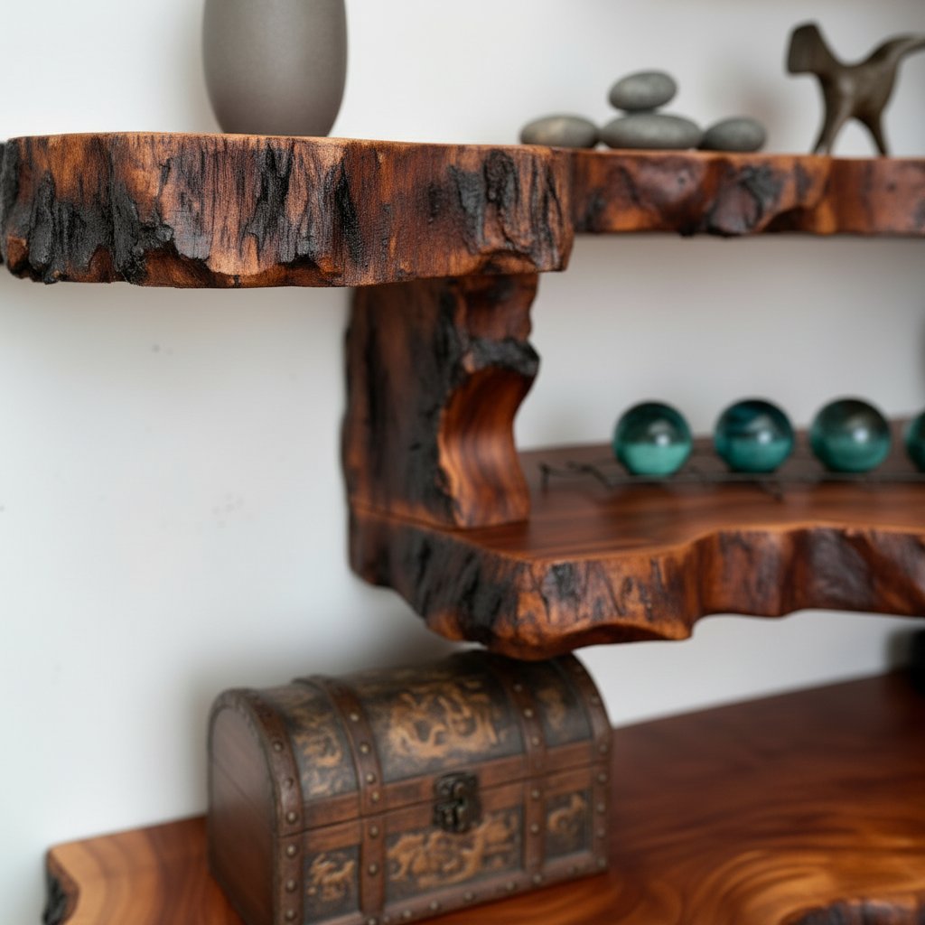 Solid Wood Live-Edge Tiered Corner Shelf with Natural Edge for Living Room