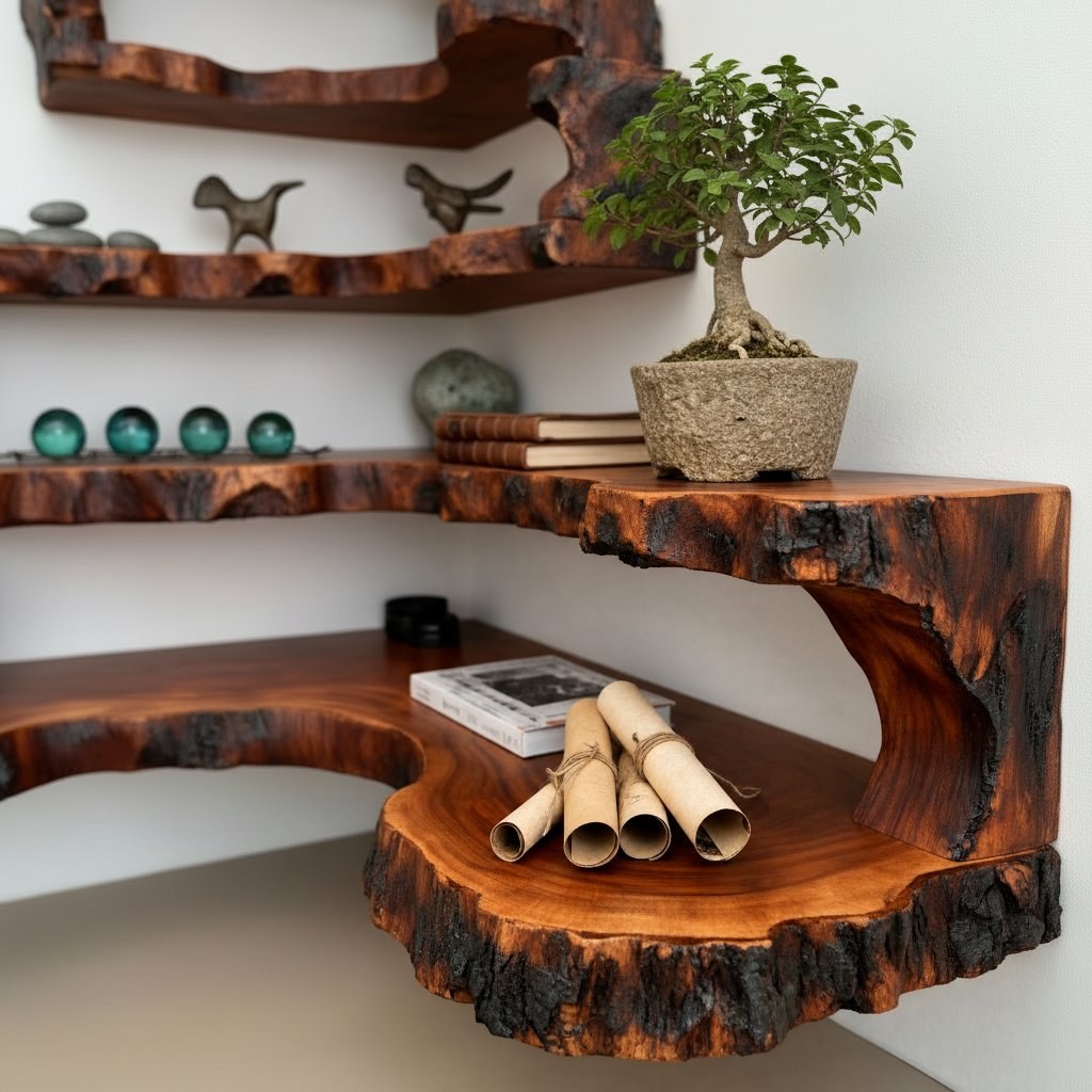 Solid Wood Live-Edge Tiered Corner Shelf with Natural Edge for Living Room
