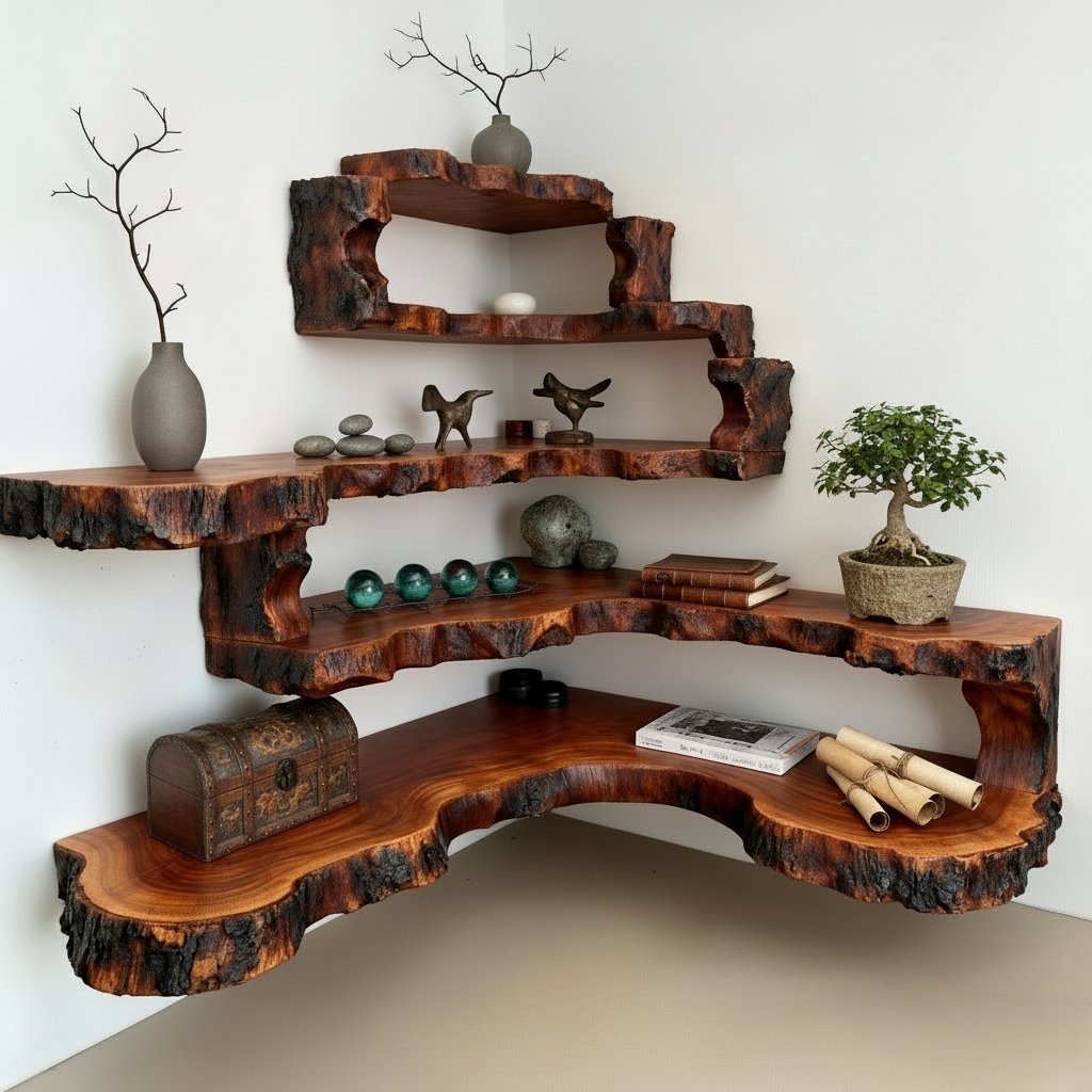 Solid Wood Live-Edge Tiered Corner Shelf with Natural Edge for Living Room