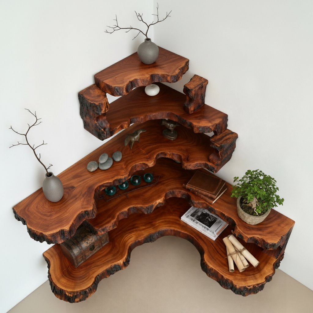 Solid Wood Live-Edge Tiered Corner Shelf with Natural Edge for Living Room