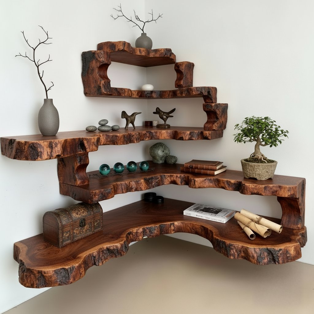 Solid Wood Live-Edge Tiered Corner Shelf with Natural Edge for Living Room