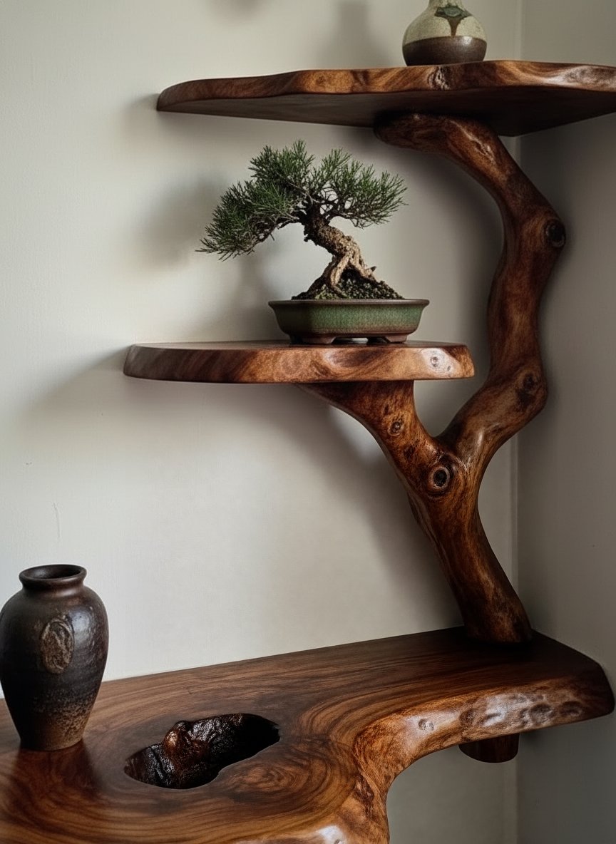Solid Wood Live-Edge Branch Wall Shelf with Tiered Ledges for Bonsai Display