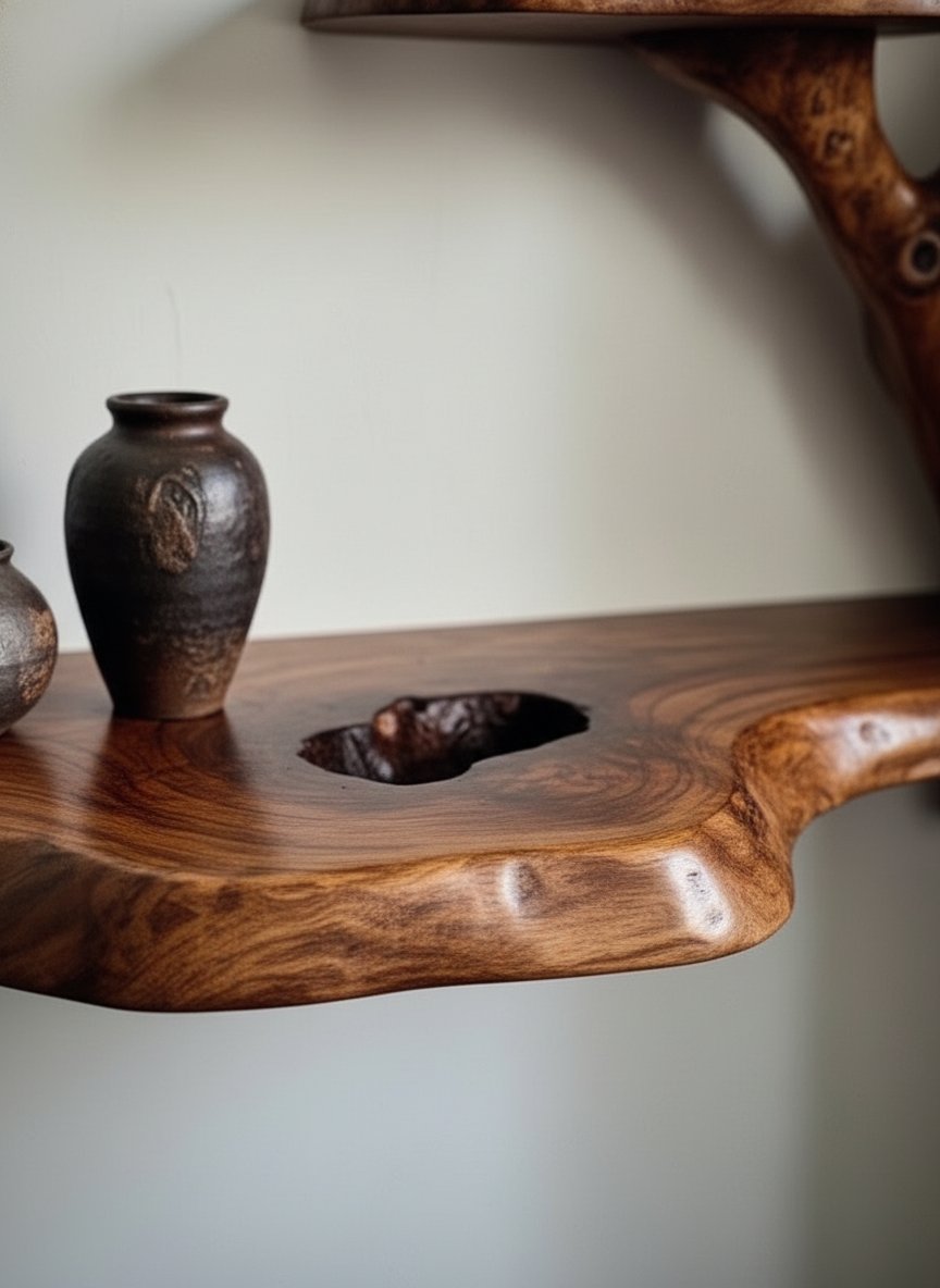 Solid Wood Live-Edge Branch Wall Shelf with Tiered Ledges for Bonsai Display