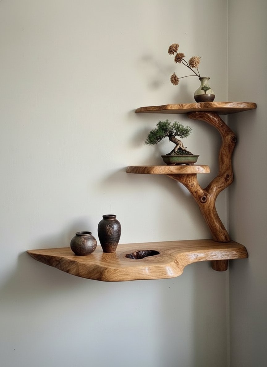 Solid Wood Live-Edge Branch Wall Shelf with Tiered Ledges for Bonsai Display
