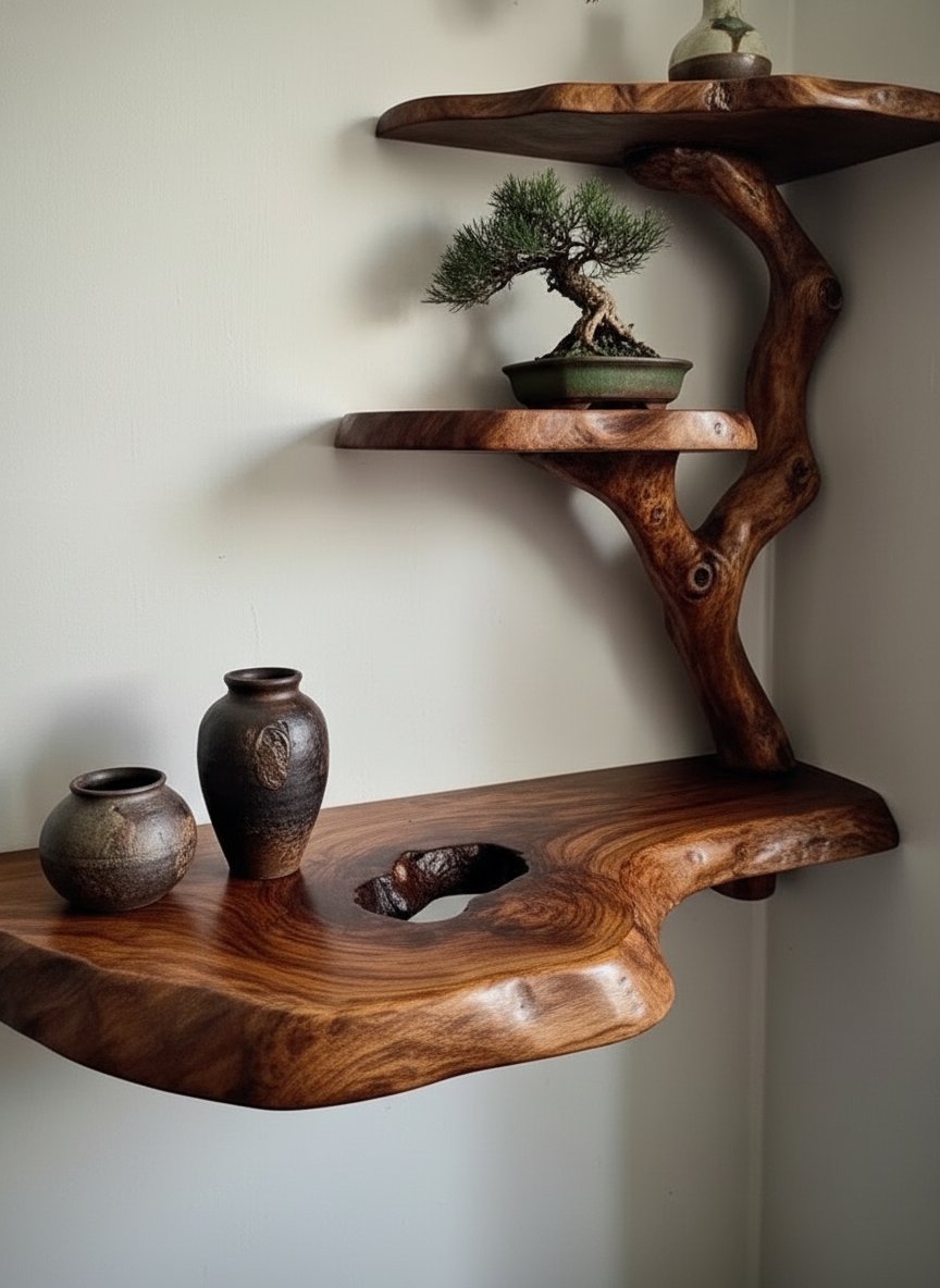 Solid Wood Live-Edge Branch Wall Shelf with Tiered Ledges for Bonsai Display