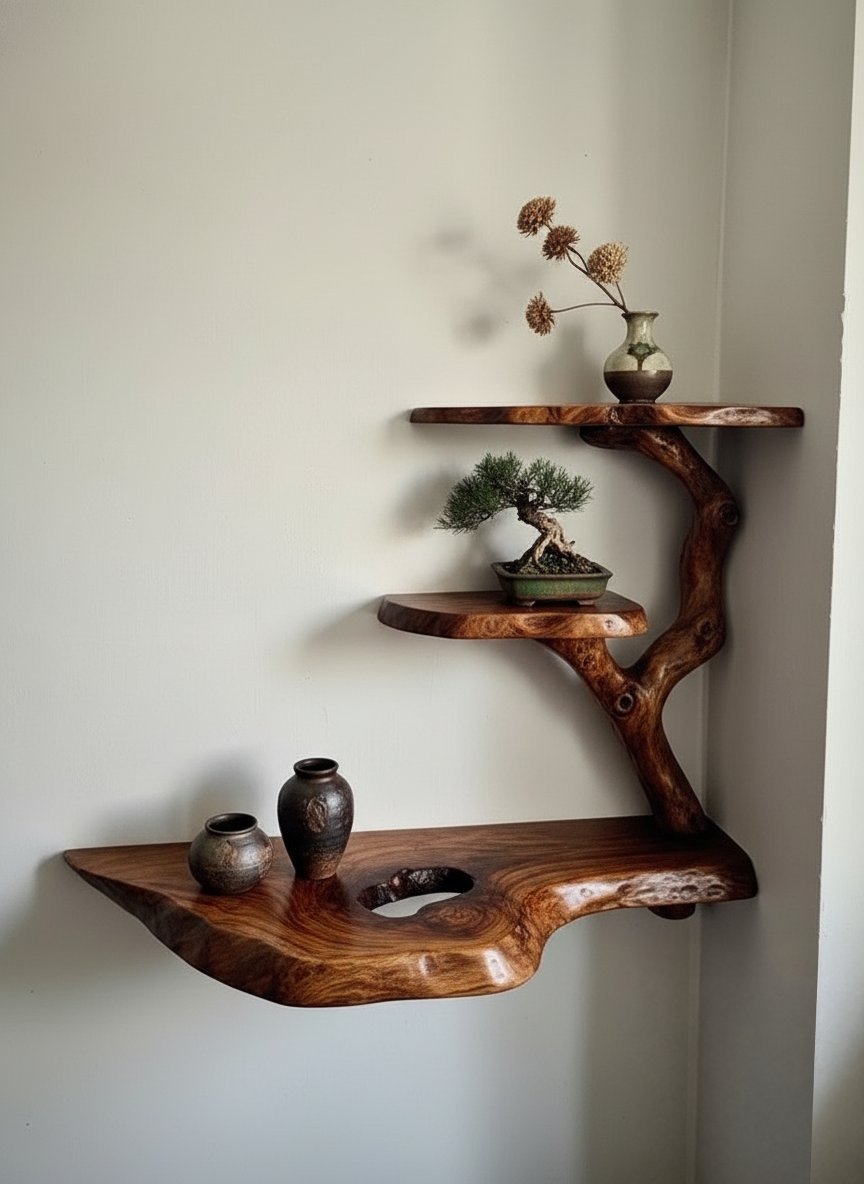 Solid Wood Live-Edge Branch Wall Shelf with Tiered Ledges for Bonsai Display