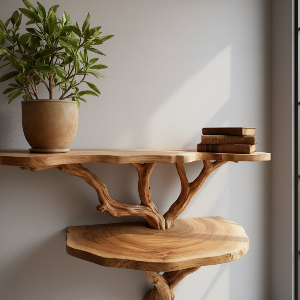 Solid Wood Live-Edge Wall Shelf on Branch Bracket for Plant and Book Display