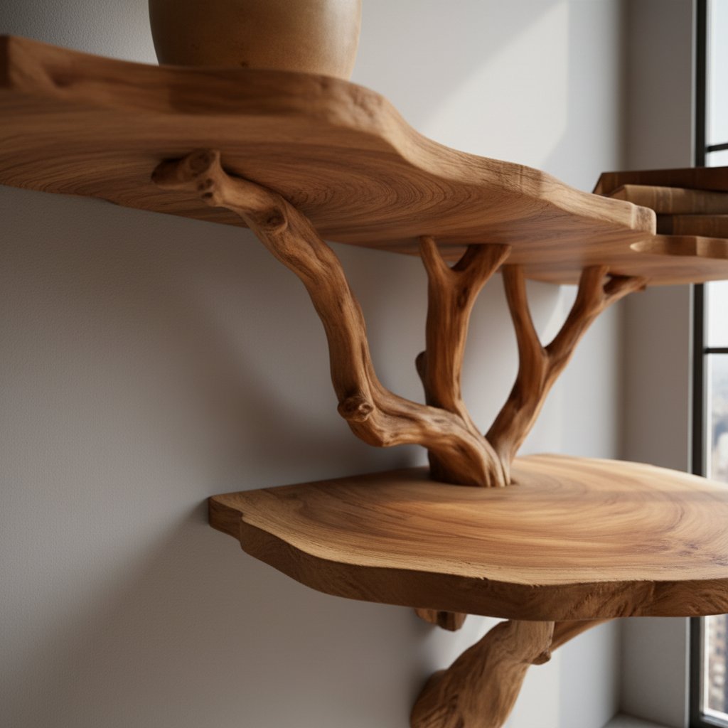 Solid Wood Live-Edge Wall Shelf on Branch Bracket for Plant and Book Display
