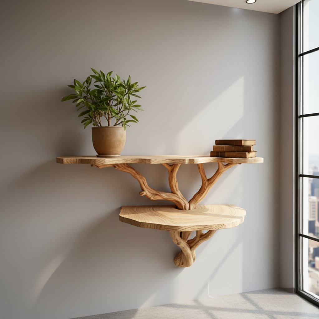 Solid Wood Live-Edge Wall Shelf on Branch Bracket for Plant and Book Display
