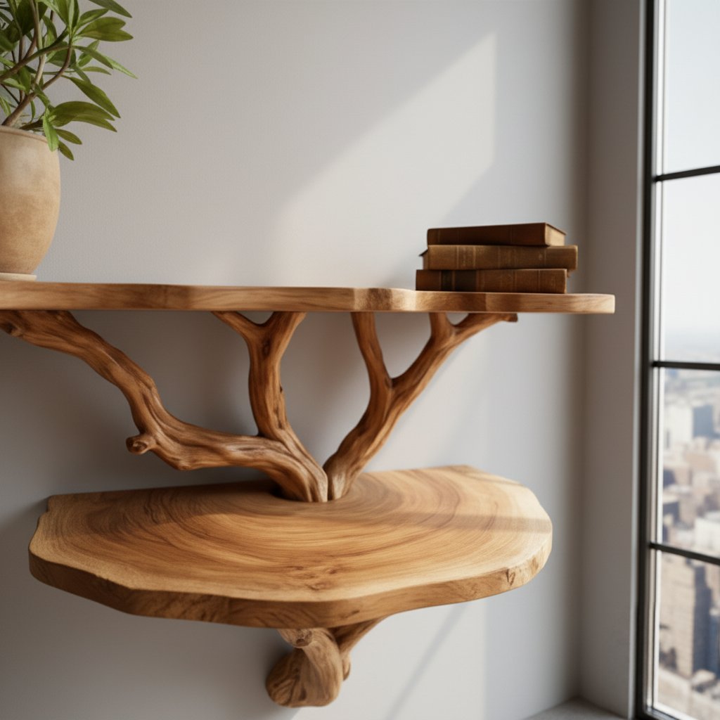 Solid Wood Live-Edge Wall Shelf on Branch Bracket for Plant and Book Display