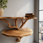 Solid Wood Live-Edge Wall Shelf on Branch Bracket for Plant and Book Display