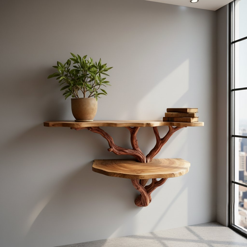 Solid Wood Live-Edge Wall Shelf on Branch Bracket for Plant and Book Display