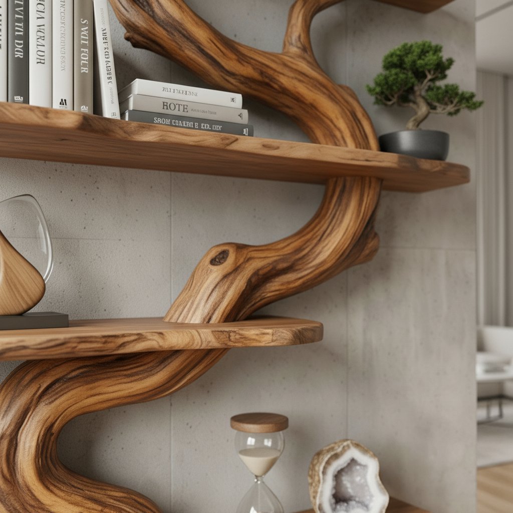 Solid Wood Live-Edge Branch Wall Shelf with Staggered Tiers for Living Room