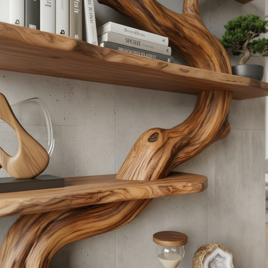 Solid Wood Live-Edge Branch Wall Shelf with Staggered Tiers for Living Room