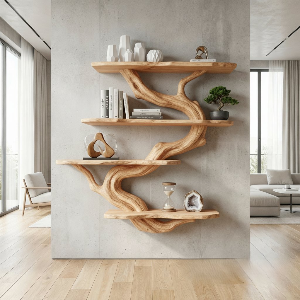 Solid Wood Live-Edge Branch Wall Shelf with Staggered Tiers for Living Room