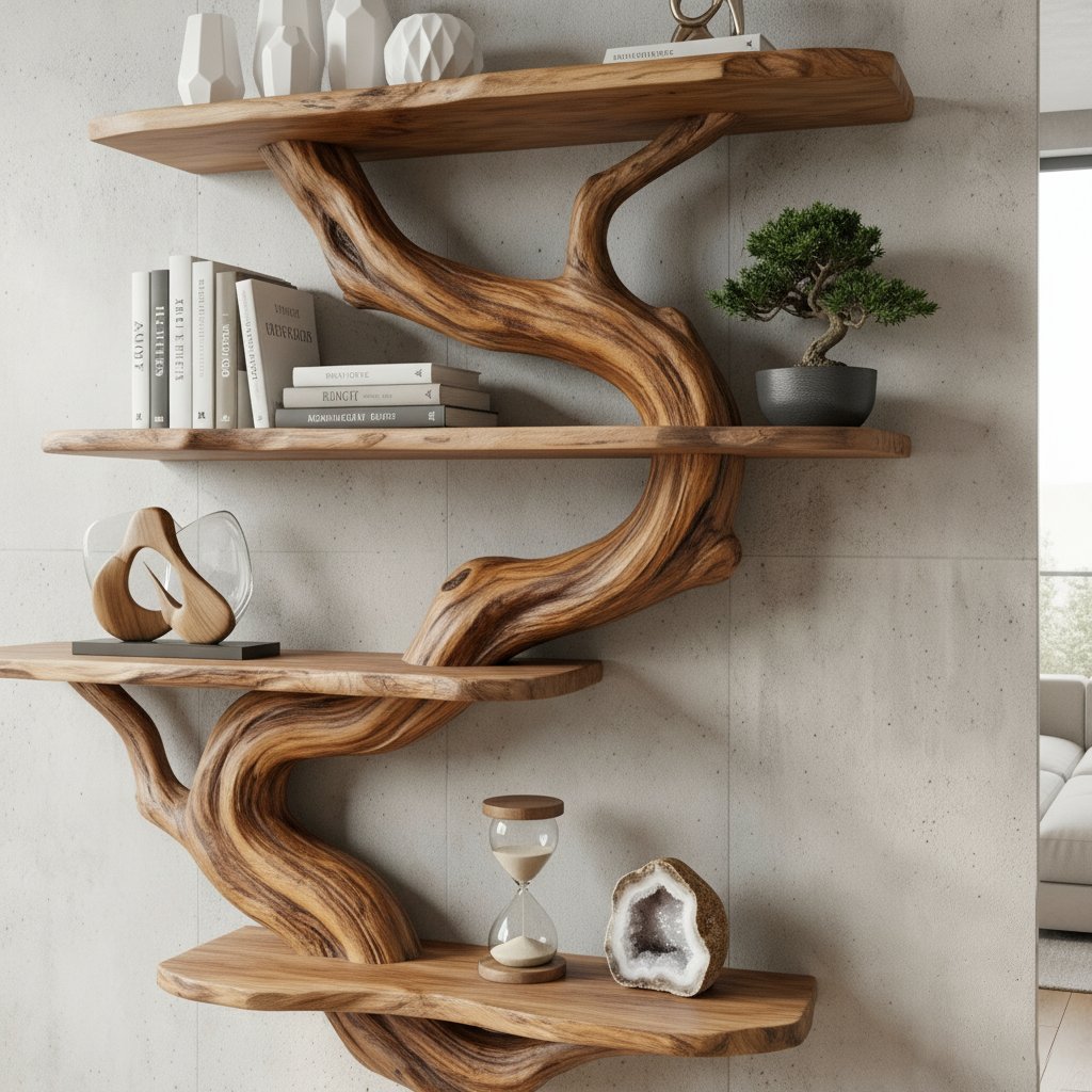 Solid Wood Live-Edge Branch Wall Shelf with Staggered Tiers for Living Room