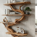 Solid Wood Live-Edge Branch Wall Shelf with Staggered Tiers for Living Room