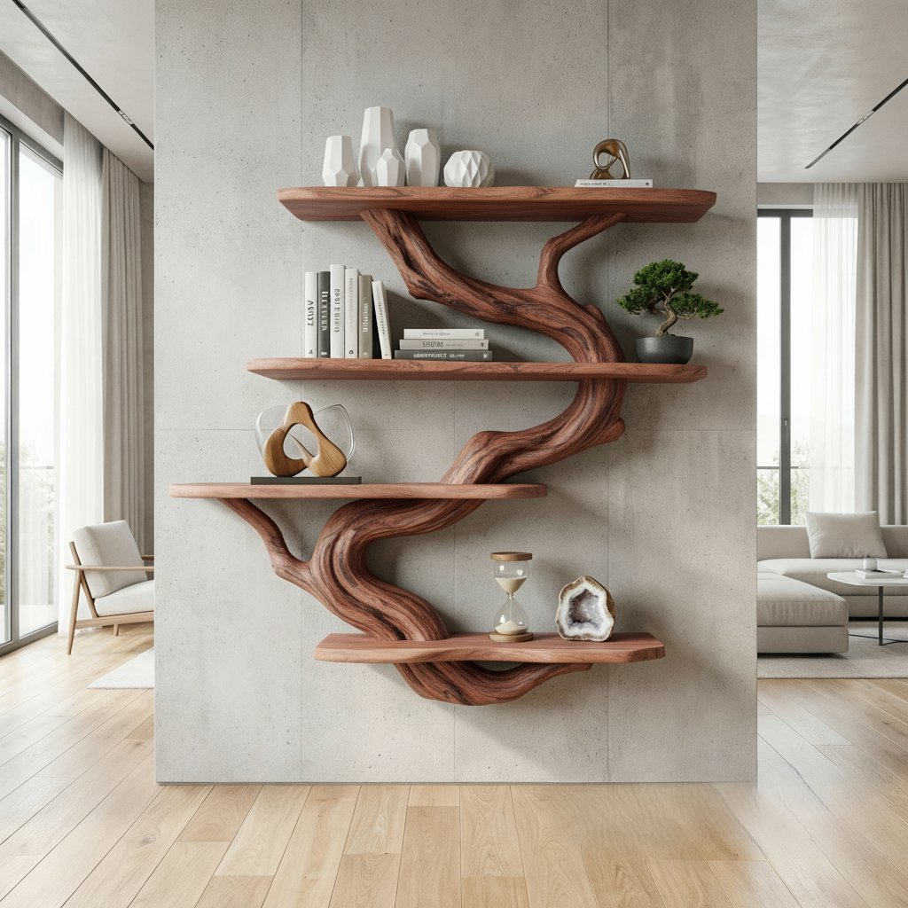 Solid Wood Live-Edge Branch Wall Shelf with Staggered Tiers for Living Room