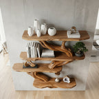 Solid Wood Live-Edge Branch Wall Shelf with Staggered Tiers for Living Room