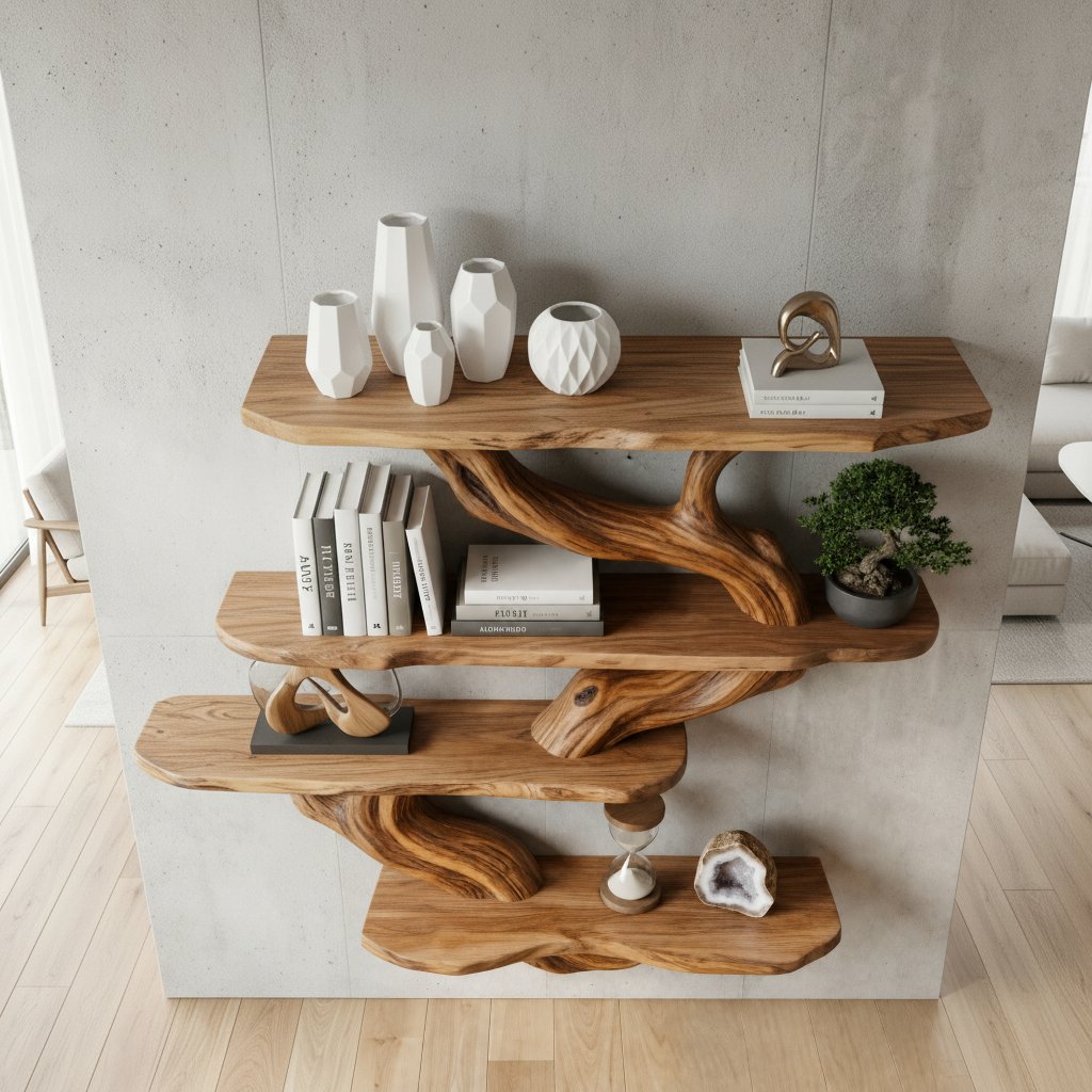 Solid Wood Live-Edge Branch Wall Shelf with Staggered Tiers for Living Room