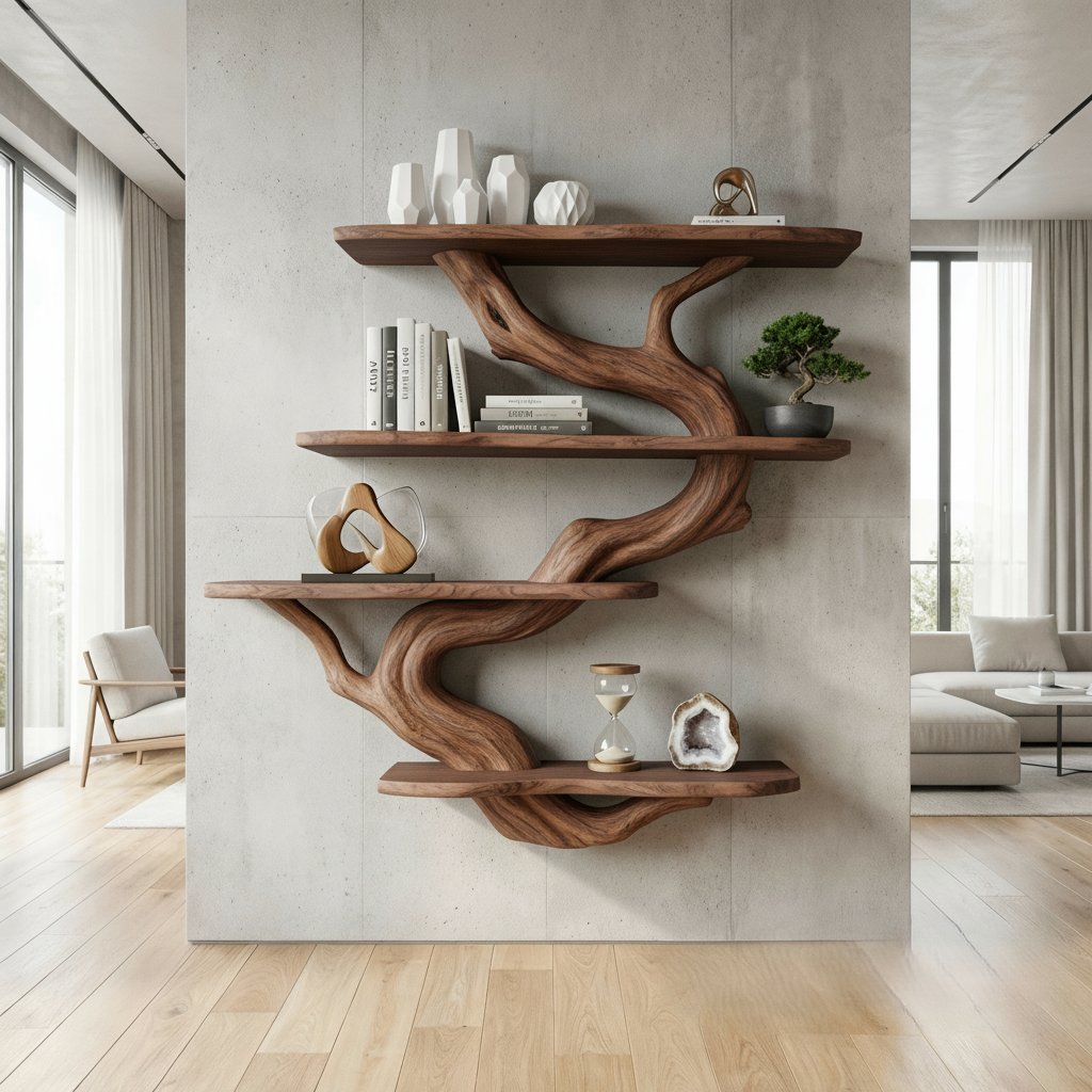 Solid Wood Live-Edge Branch Wall Shelf with Staggered Tiers for Living Room