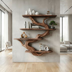Solid Wood Live-Edge Branch Wall Shelf with Staggered Tiers for Living Room