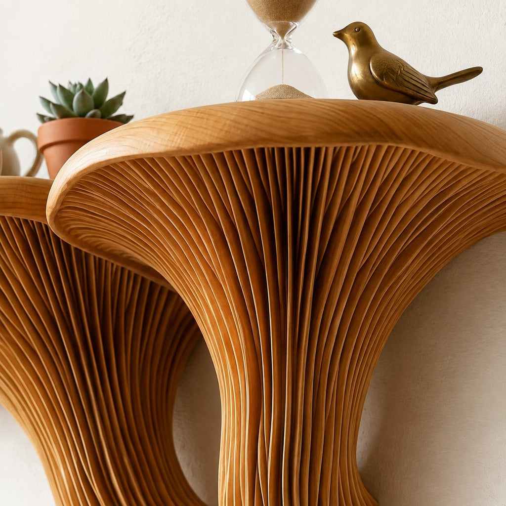 Solid Wood Live-Edge Wall Shelf with Fanned Grain Sculptural Form for Modern Decor