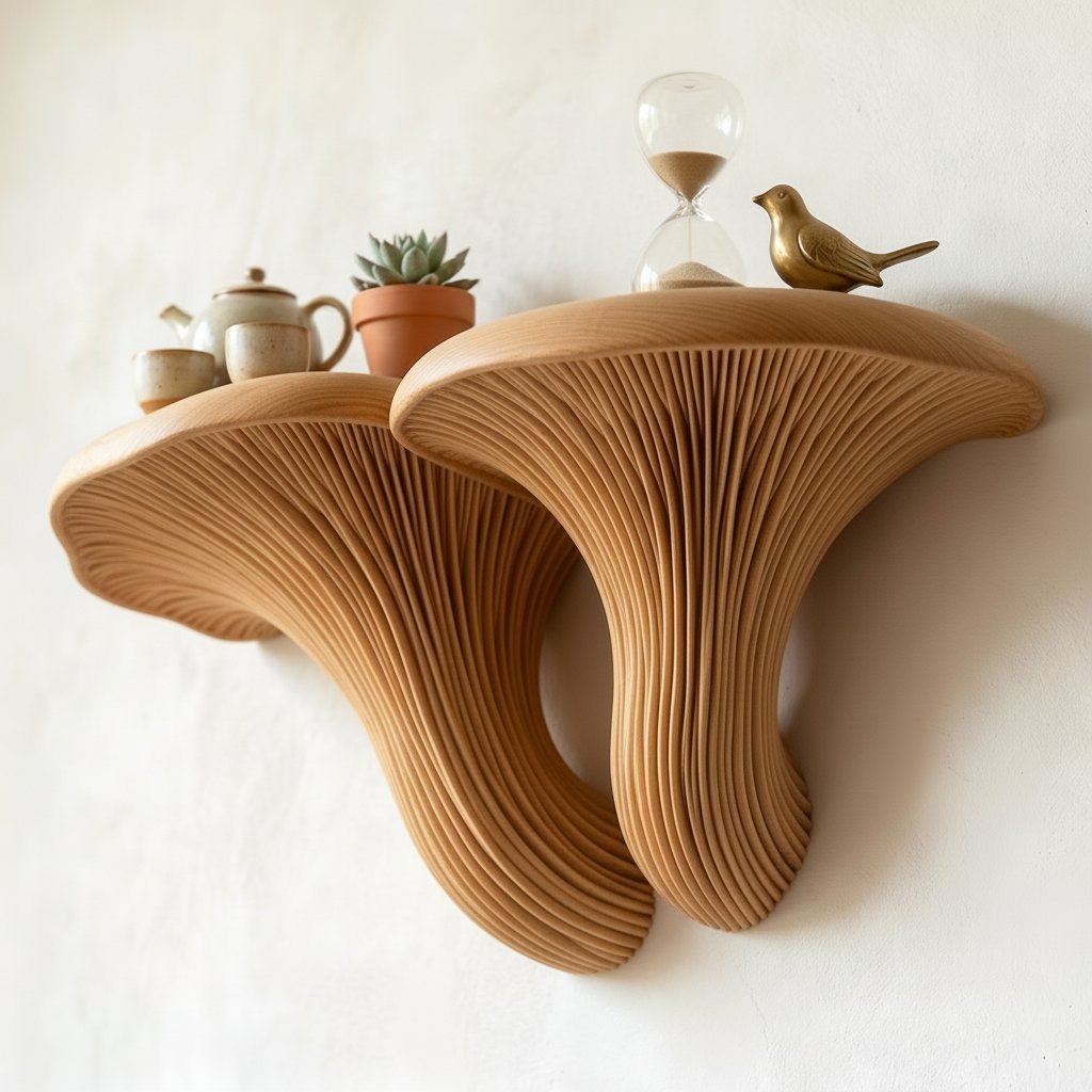 Solid Wood Live-Edge Wall Shelf with Fanned Grain Sculptural Form for Modern Decor