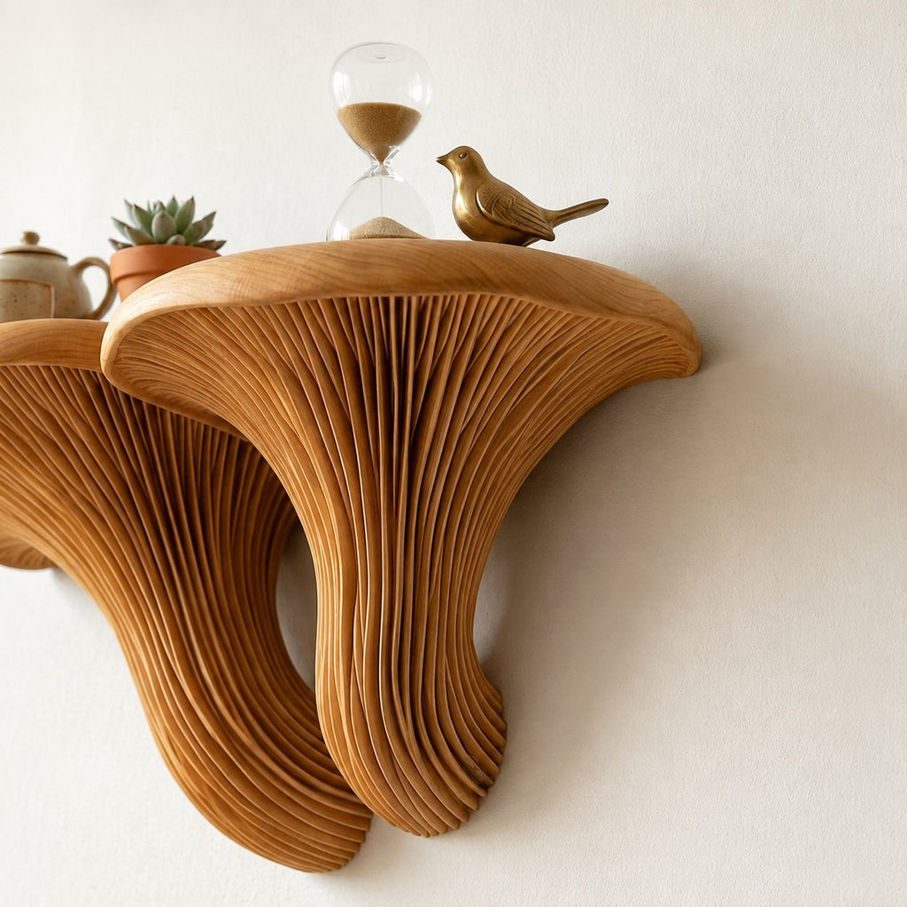 Solid Wood Live-Edge Wall Shelf with Fanned Grain Sculptural Form for Modern Decor