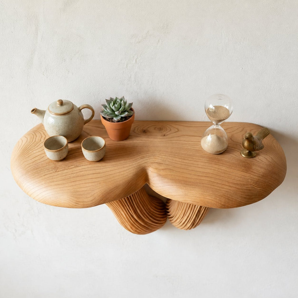 Solid Wood Live-Edge Wall Shelf with Fanned Grain Sculptural Form for Modern Decor