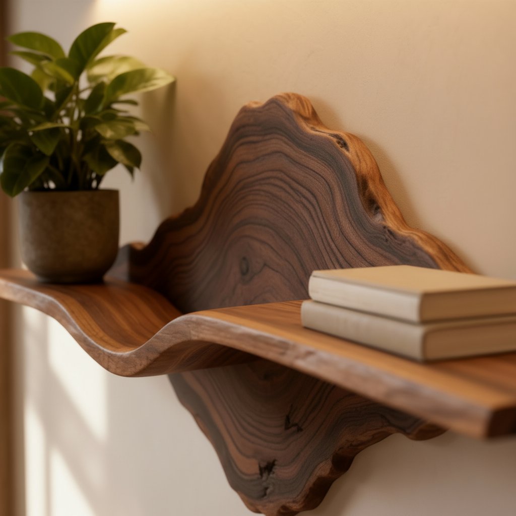 Solid Wood Live-Edge Floating Wall Shelf with Natural Edge for Plant and Books