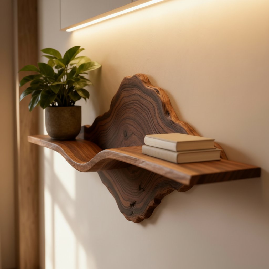 Solid Wood Live-Edge Floating Wall Shelf with Natural Edge for Plant and Books