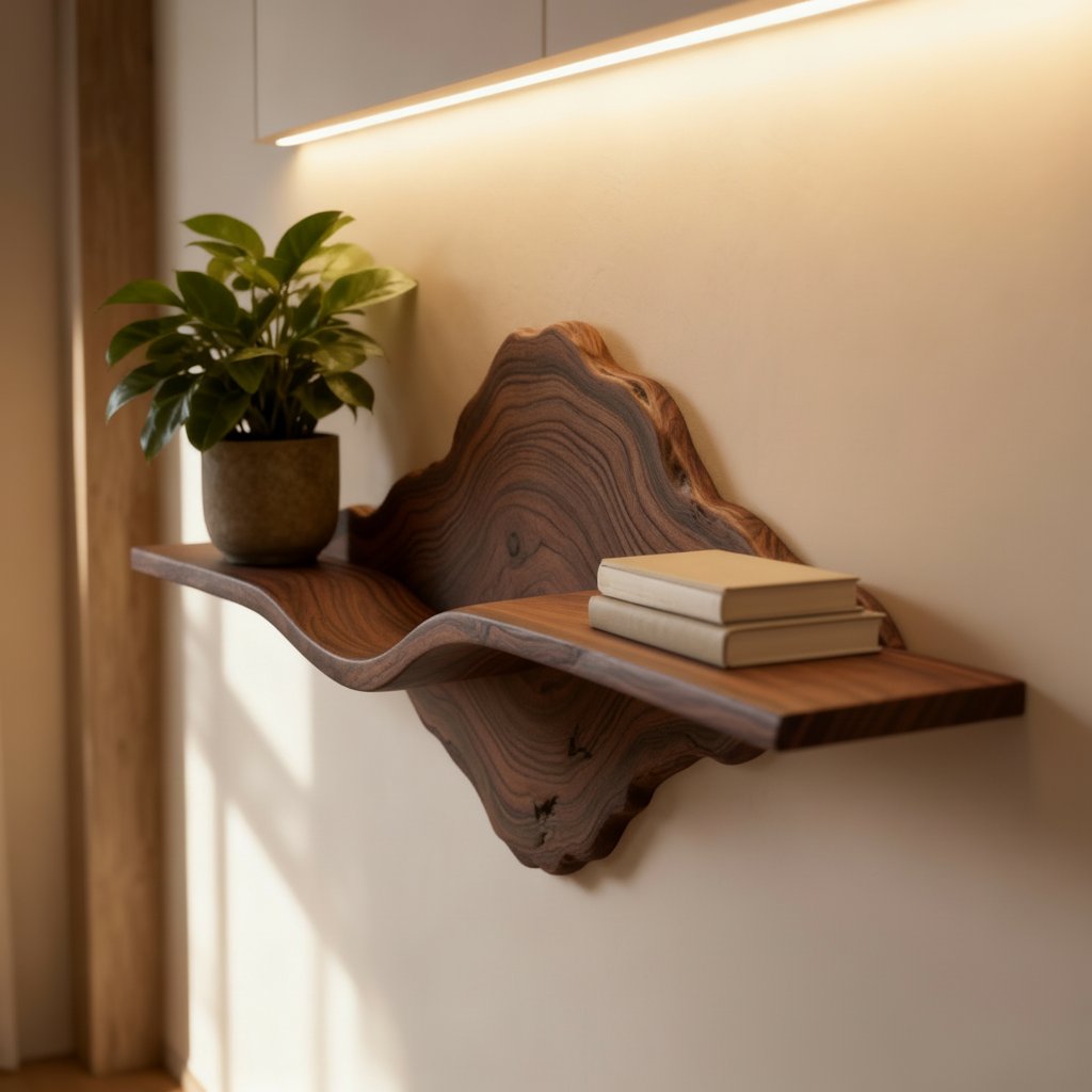Solid Wood Live-Edge Floating Wall Shelf with Natural Edge for Plant and Books