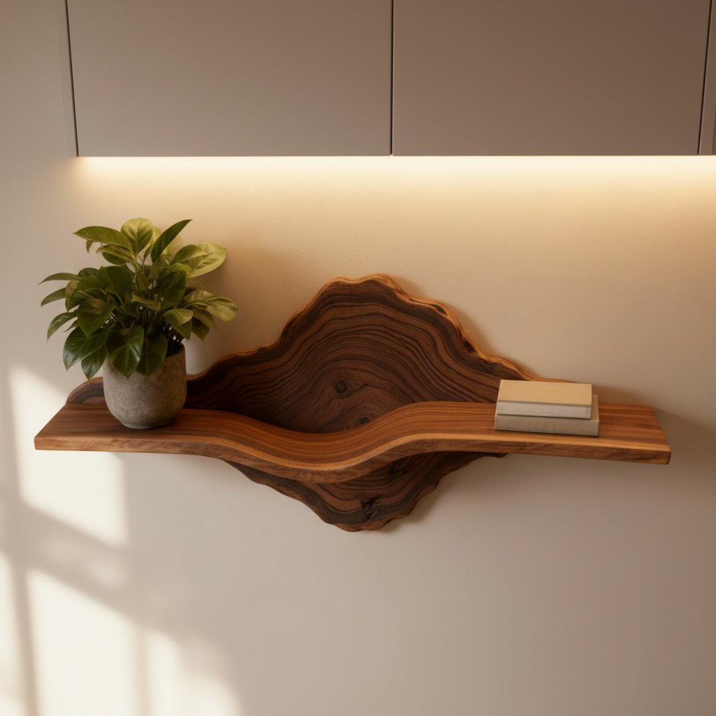 Solid Wood Live-Edge Floating Wall Shelf with Natural Edge for Plant and Books